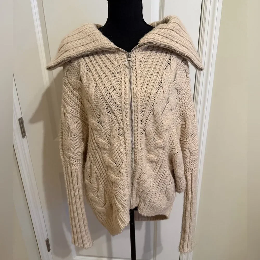 Express Cream Cable Knit Zipper Cardigan